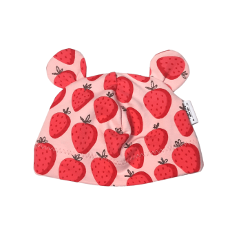 Öhrchenmütze KU 33-35 cm | rosa mit pinken Erdbeeren